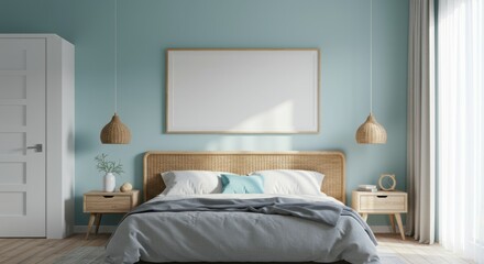 Horizontal Wood Frame Mockup in Coastal Bedroom with Rattan Headboard and Teal Walls