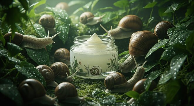 Snails surrounding jar of moisturizing cream in morning dew garden