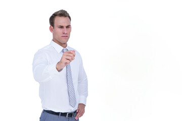 Businessman wearing grey patterned tie and belt using interface on white backdrop, copy space