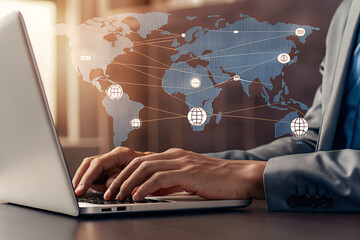 Businessperson Working on Laptop with Global Network Overlay