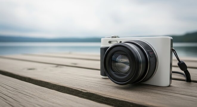 Compact digital camera with zoom lens on wooden dock by lake