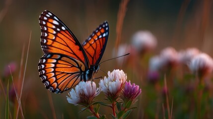 Fototapeta premium Colorful butterfly perched delicately on wildflower in a vibrant meadow landscape