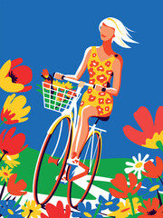 Young woman in colorful dress riding bicycle on walk against background of blooming fields and meadows. Trendy contemporary expressive pop art minimalist vector handmade drawing illustration.