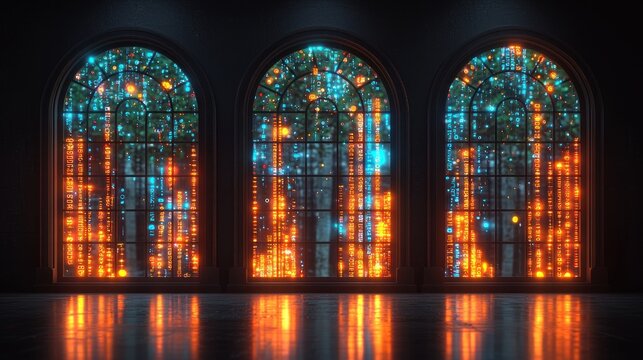 Arched windows glow with blue and orange light - Powered by Adobe