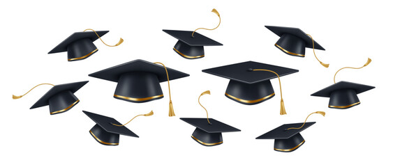 Vector Illustration of Graduation Caps Flying in the Air Representing Academic Achievement and Celebratory Moments