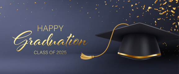 Fototapeta na wymiar Graduation Cap Illustration with Festive Gold Confetti Background for Class of 2025 Celebration