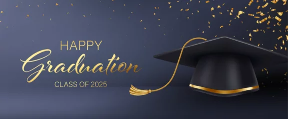 Gordijnen Graduation Cap Illustration with Festive Gold Confetti Background for Class of 2025 Celebration © vik_y