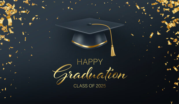 Elegant Graphic of Graduation Cap With Golden Decorations and Happy Graduation Class Of 2025 Message