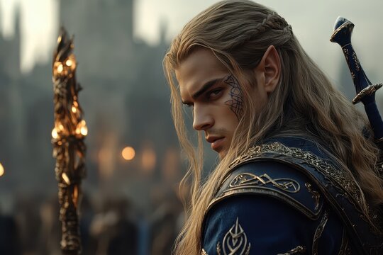 A striking elf warrior with long braided hair and intricate facial markings poses dramatically, sword at his back, holding a glowing staff - Powered by Adobe