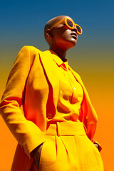 Bold Woman in Yellow Suit and Sunglasses Against Vibrant Background, Fashion, Monochromatic, Modern, Striking