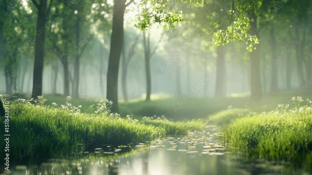 Poster a serene natural scene of a stream running through a dense and vibrant green forest