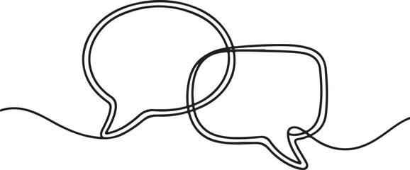 Continuous one line drawing of two speech bubbles with modern minimalist style on white background in black ink

