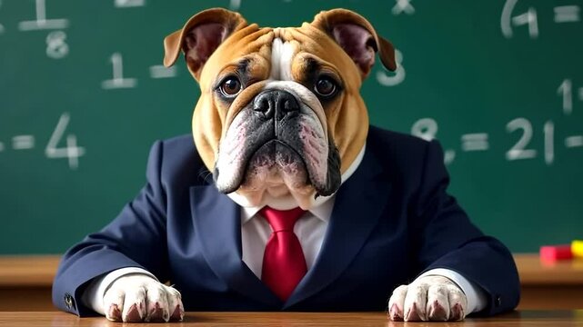 English bulldog, dressed in a suit and tie, sits at a desk in front of a blackboard filled with mathematical equations, embodying the concept of a knowledgeable and authoritative professor