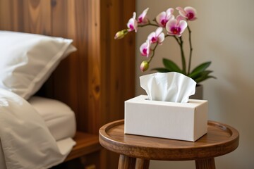 Cozy Corner: A serene close-up view of a bedroom with a nightstand, adorned with a tissue box and a vibrant orchid, offering a touch of elegance and comfort. 