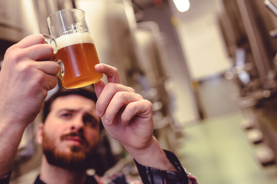 Naklejki Clear glass beer mug showcasing amber liquid and froth in brewery with steel tanks and pipes