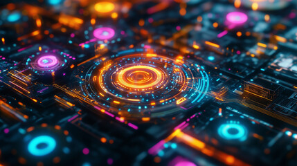 This abstract design showcases a vibrant digital data visualization with colorful circles and lines, representing complex workflows and modern technology concepts. Perfect for projects in tech and