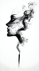Fototapeta premium A woman's profile rendered in dark smoke, emanating from a thin incense stick, against a white backdrop