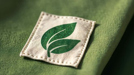Close-up of a green leaf logo embroidered on a piece of green material, representing eco-consciousness and sustainability in product manufacturing