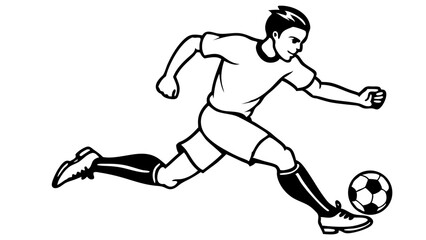 Naklejka premium Minimal black and white soccer player svg illustration, football athlete running with ball, sporty line art icon