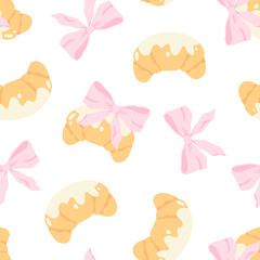 Flirty croissant with pink bow seamless vector pattern. Cute cartoon blush pastry with trendy decoration. Perfect for kids clothing, nursery wallpaper, stationery and textiles in sweet pastel style.