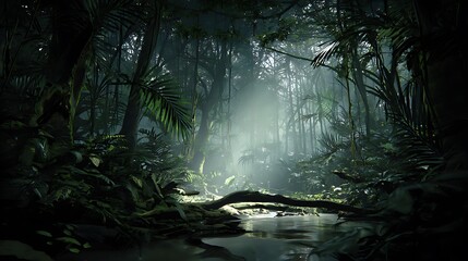 Misty sunlight through lush green jungle