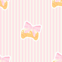 Seamless vector pattern with kawaii flirty croissants with bows and pink vertical stripes. Perfect for baby clothing, girly stationery, cute gift wrap, and pastel nursery textiles.