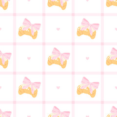 Seamless vector pattern with croissants, pink bows, tiny hearts, and a soft checkered grid. Perfect for baby fabric, stationery, gift wrap, kids apparel and kawaii-themed packaging.