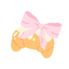 Flirty croissant with pink bow and vanilla icing in trendy kawaii style. Isolated vector on white background. Great for stickers, packaging, kids goods, prints, and sweet-themed products.