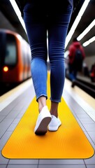 Fototapeta premium A person in jeans and sneakers walks along a bright yellow tactile paving path in a subway station