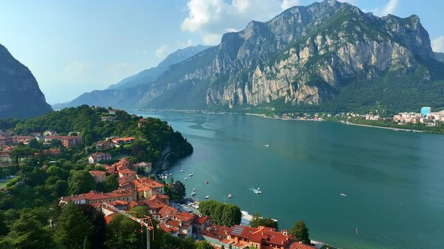 Aerial Italian town of Lecco, resort on lake Como. Beautiful lakeside of Lecco town in Italian Alps. Vacation destination in Italy