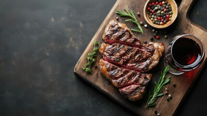 A wooden cutting board serving steak and a glass of wine, perfect for a romantic dinner or special occasion