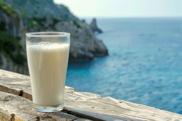 A tall glass of milk is balanced on a ledge by the ocean