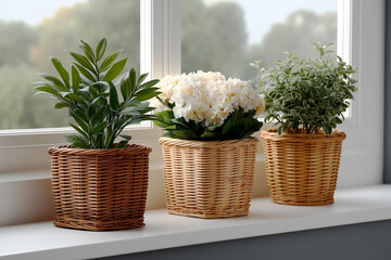 Three indoor plants in decorative wicker flowerpots made of vines stand on the windowsill. Eco-decor in the interior. Nature and freshness.