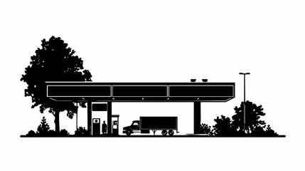 Naklejka premium Silhouette of a truck refueling at a gas station surrounded by trees and streetlight outdoors