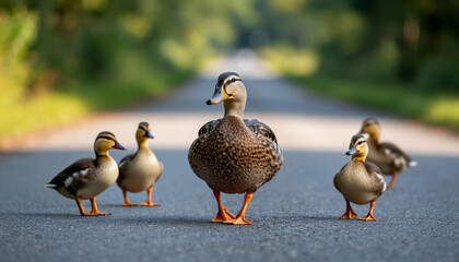 Fototapeta premium A duck with ducklings crosses the road. Generated by Ai.
