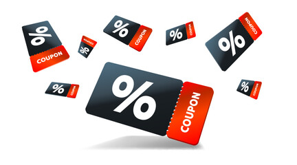 Red and Black coupons with percentage fly away on white background. Vector illustration