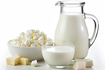 A pitcher of fresh milk placed beside a bowl of cottage cheese