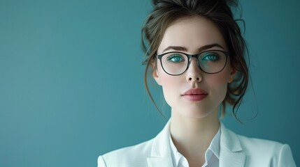 perfectly composed portrait of a businesswoman wearing glasses and a sleek white suit with pink background