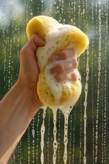 Cleaning streak-free glass with a sponge and soapy water during a sunny day