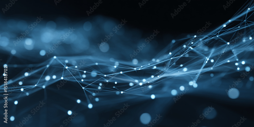 Poster Abstract blue network, glowing nodes connected by thin lines, creating a wave-like pattern on dark background, symbolizing connection, technology, and digital network