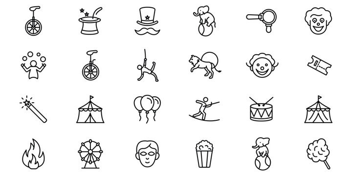 Circus outline or line icon design bundle.