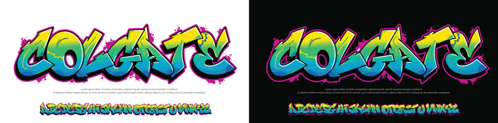 Colgate, Graffiti Style Typography Artistic Font Design A, B, C, D, E, F, G, H, I, J, K, L, M, N, O, P, Q, R, S, T, U, V, W, X, Y, Z and Arab numerals.