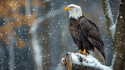 Majestic bald eagle perched on a snow-covered log during a winter snowfall.