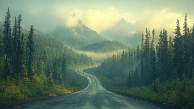 Winding road through misty mountain forest