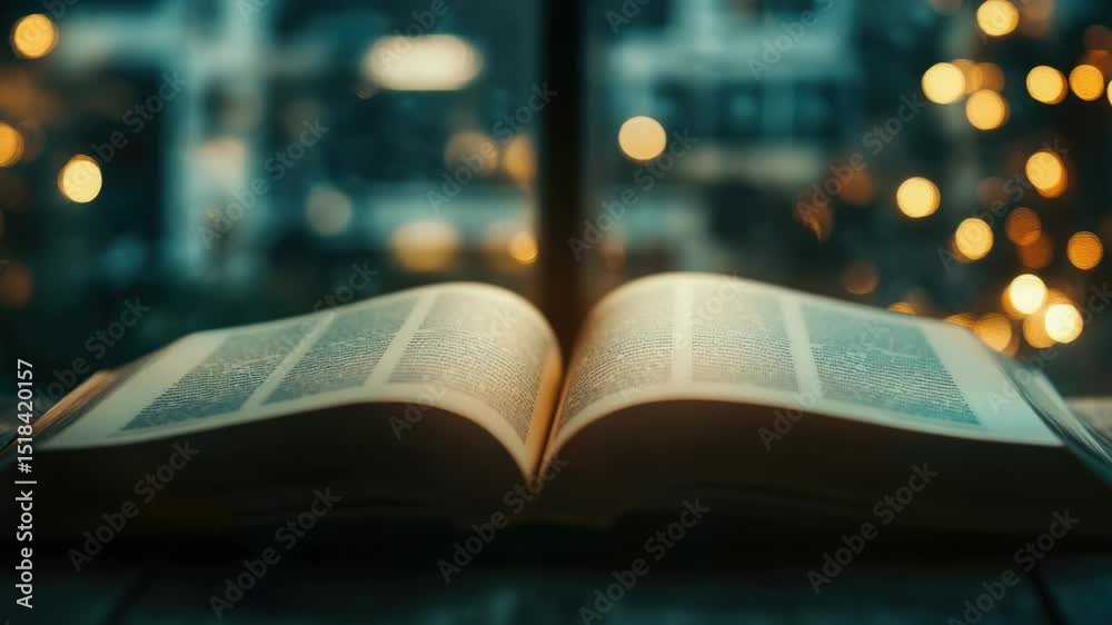 Poster a book sits on a wooden table with its pages slightly ajar, suggesting reading or study