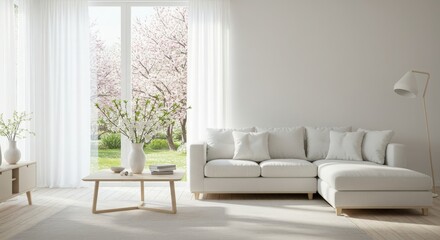 Bright modern living room with white couch and window view of winter trees for home interior design 
