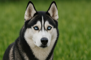 Obraz premium Beautiful Siberian Husky dog with piercing blue eyes looking directly at camera, black and white fur, alert expression, domestic pet portrait, outdoor green grass background, loyal canine companion