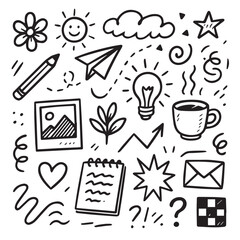 Design a collection of hand-drawn black and white vector sketches and doodles, including everyday objects, abstract patterns, and whimsical illustrations.