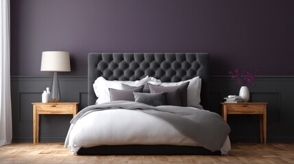 Modern Bedroom Interior with Dark Gray Tufted Headboard, White Bedding, Wooden Nightstand, Deep Purple Accent Wall, and Soft Diffused Lighting.