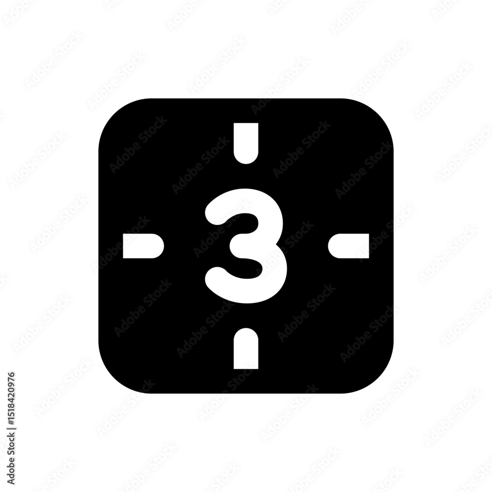Poster illustration of a countdown timer with the number three centered on a black rounded square shape
